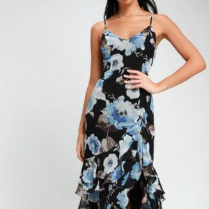 Artwin Black Floral Print Ruffled High-Low Maxi Dress